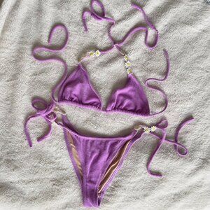 Lucy in the Sky | Lilac lavender terry bikini set daisy flower details | Size L